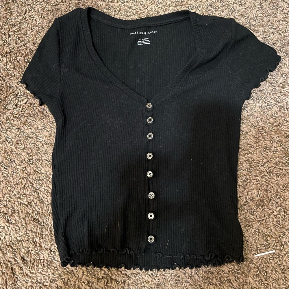 Black American Eagle Button Up Crop T-Shirt